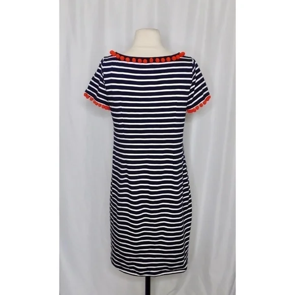 BODEN Bridget Jersey Knit Dress Navy White Stripe Red Pom Poms Shift Size 6 - Picture 11 of 16